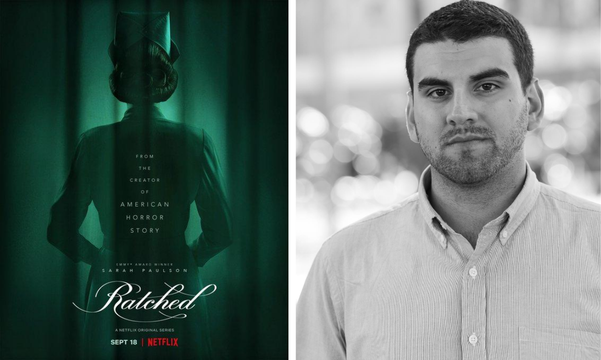 poster of Ratched and headshot of screenwriter Evan Romansky